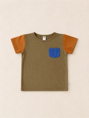 Little & Lively Boys Olive Green Tee with Rust Sleeves & Blue Pocket - Bamboo